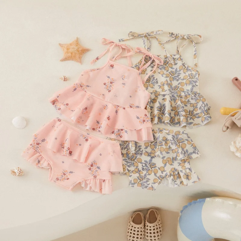 Tregren Bañador para niña con estampado floral de limón y volantes