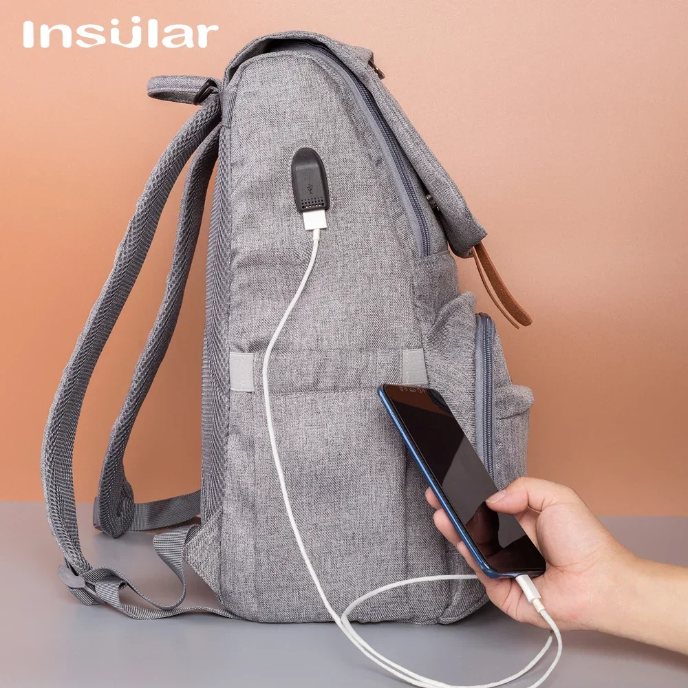 Bolsa de pañales para bebés Insular con interfaz USB, kits de bolsas de pañales impermeables grandes, mochila de viaje de maternidad para mamás, bolsa de lactancia con gancho - imagen 5