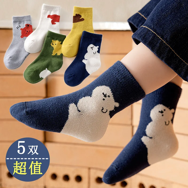 Calcetines antideslizantes de algodón para niños y niñas, medias transpirables de oso de dibujos animados, mantiene el calor, para otoño e invierno, lote de 5 pares - imagen 2