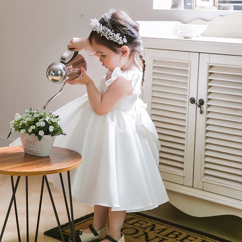 Vestido de flores para niñas, vestido de satén blanco con mangas voladoras para niños, vestido Formal de princesa para niñas con flores, primera comunión para niñas - imagen 4
