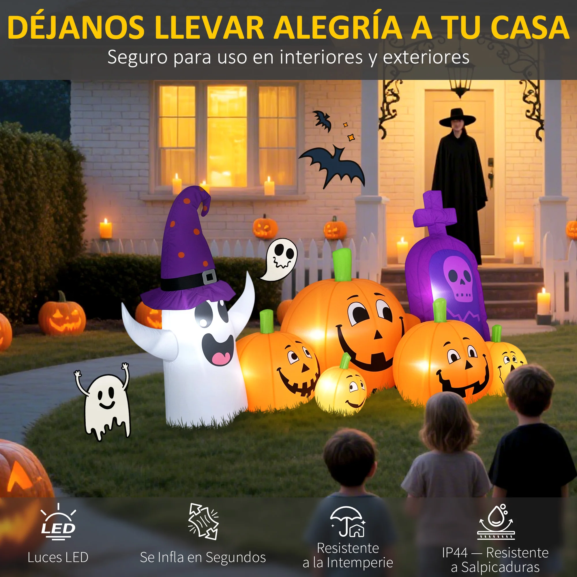Outsunny Calabaza Inflable de Halloween con Fantasma y Lápida de 8 Pies, Decoración de Halloween con Luces LED, IP44 e Inflador, para Jardín, Fiestas, Exterior, 240x130x130 cm, Multicolor - imagen 3