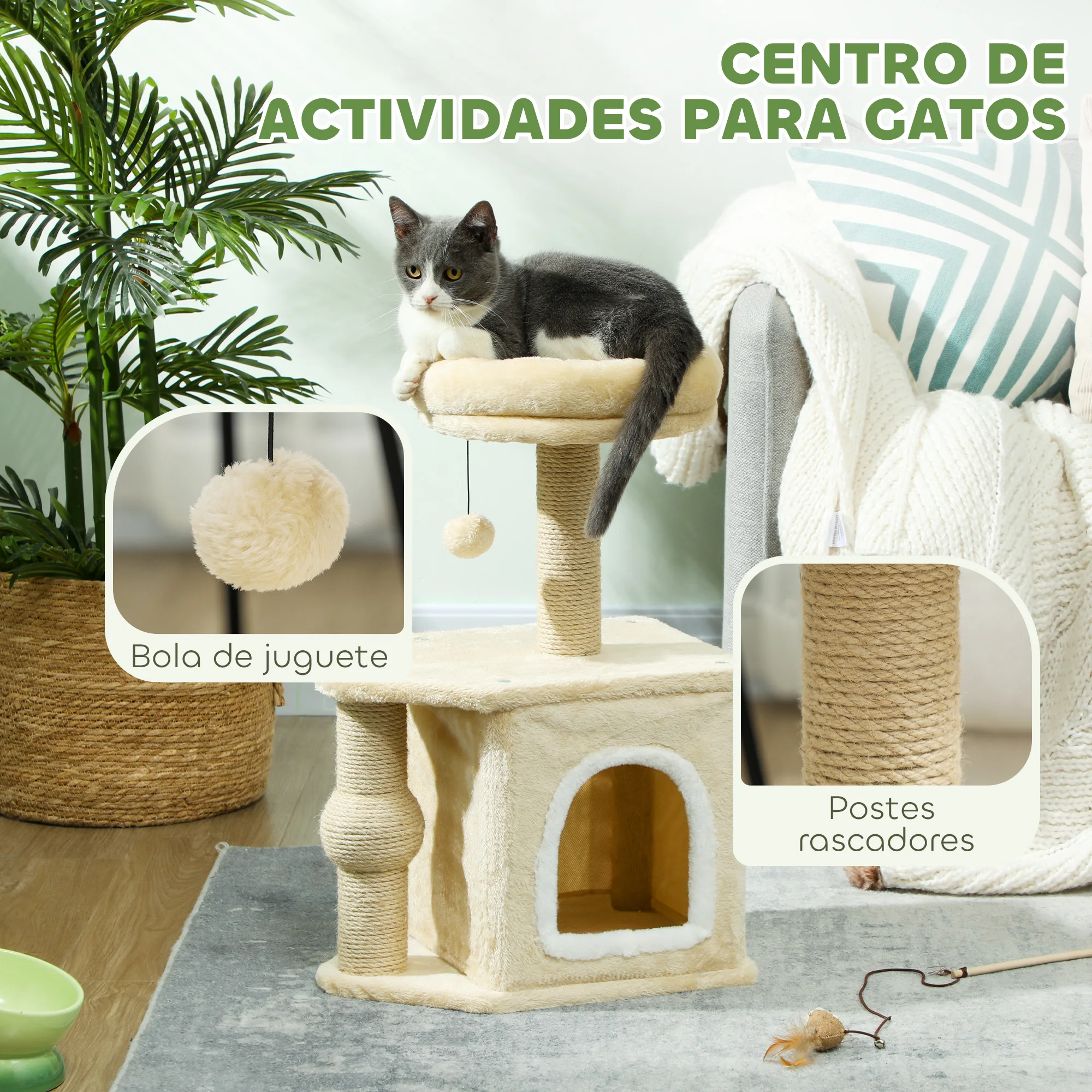 PawHut Árbol Rascador para Gatos Altura 66 cm Árbol para Gatos Torre para Gatos con Cama Cueva Plataforma Bola Colgante y Poste de Yute Beige - imagen 4