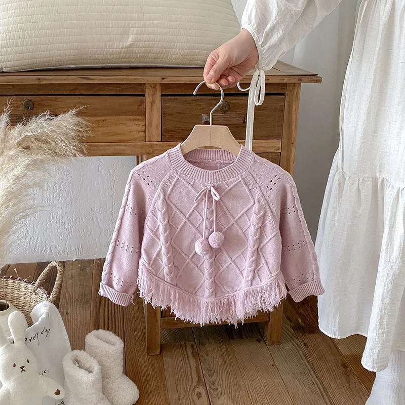 MILANCEL nuevo jersey de punto de otoño para niños 1-4T dulce ahuecado borlas prendas de punto para niñas pequeñas suéter bonito para niños Tops - imagen 3