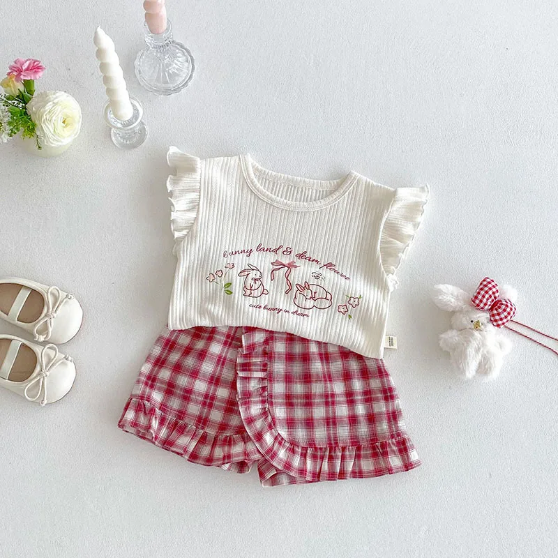 MILANCEL, nueva camisa de verano con letras para niños de 0 a 5T, Tops florales de conejito bonito para niñas, pantalones cortos de estilo fino dulce para niños - imagen 3