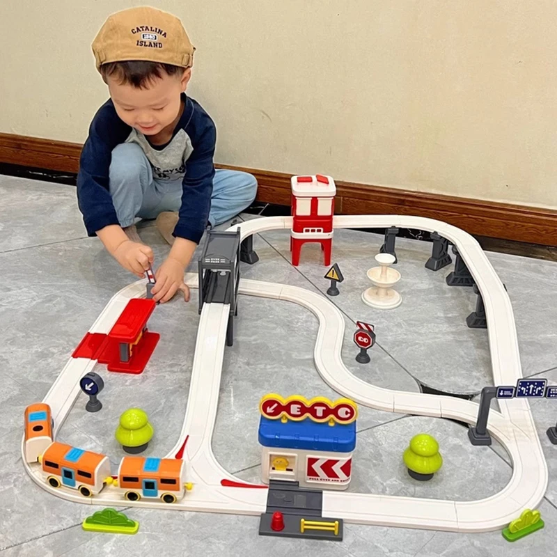 Ingeniero de tren de aventura eléctrica, juguetes educativos Diy, vía de tren de alta velocidad, modelo de coche, juguetes para niños, regalos