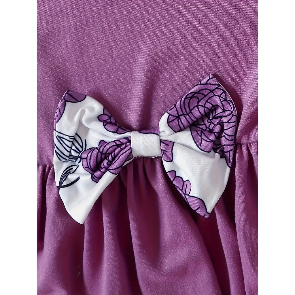 Conjunto de ropa de 3 uds para niña de 0 a 3 años, Top morado de manga corta, pantalones florales y diadema, trajes diarios de verano a la moda para niño niña - imagen 4