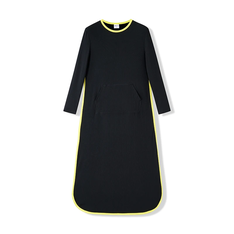 XS-XXXL camisón de mujer vestido maxi casual mujer embarazada vestidos largos con cremallera negro acanalado y cuello redondo ribete amarillo en contraste