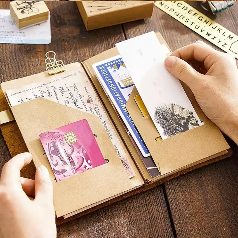 Recambios de cuaderno de papel Kraft Premium, diario de viaje, archivador, bolsa de almacenamiento de tarjetas, tarjetero de bolsillo, tarjetero