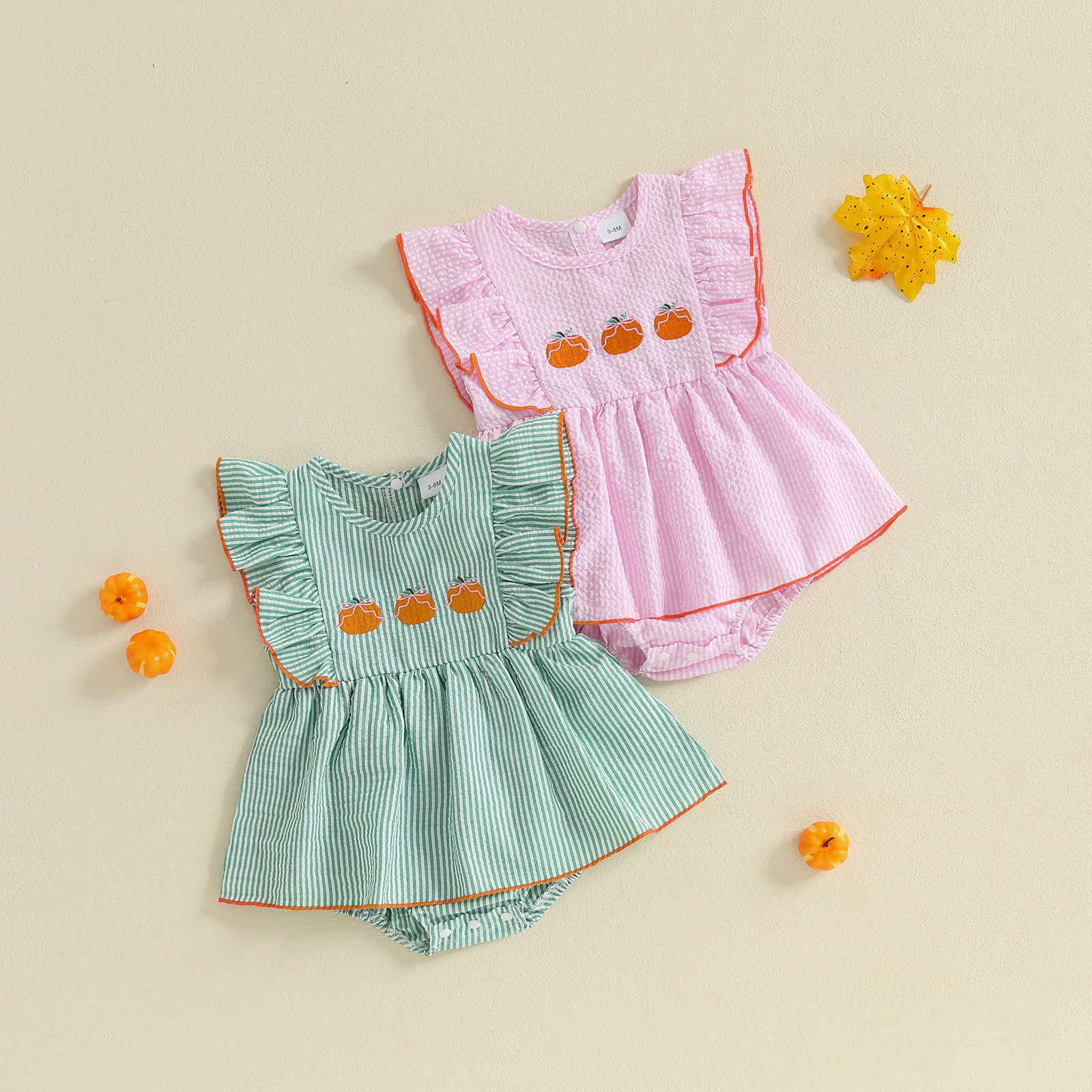 Pelele de Halloween para niña de 0 a 18 meses, vestido a rayas con bordado de calabaza, mono de manga voladora, ropa infantil bonita - imagen 3