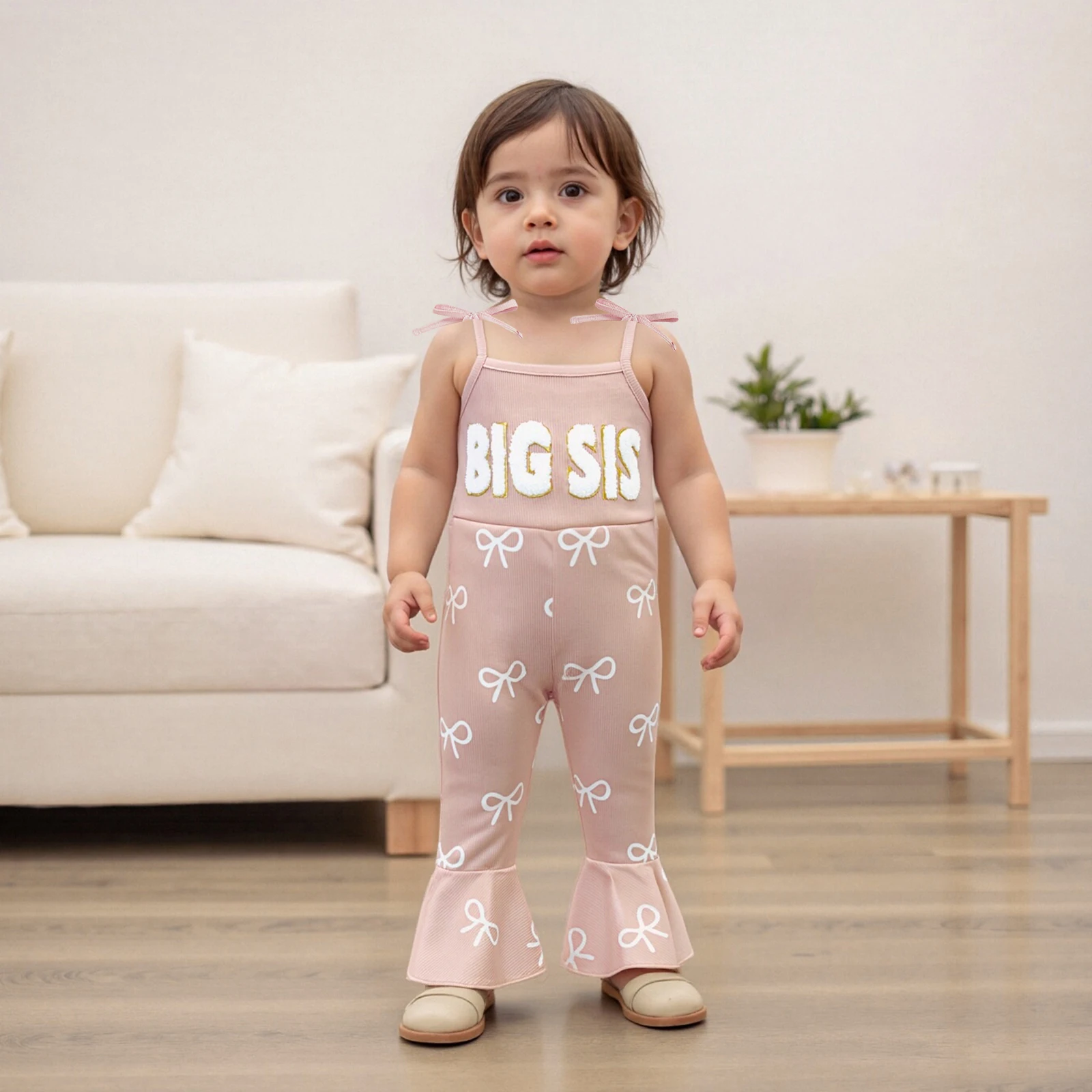 ViSgogo Mono rosa para niña pequeña, corte holgado, BIG SIS, patrón de texto y lazo, mono suave de poliéster y LICRA para niño pequeño - imagen 2