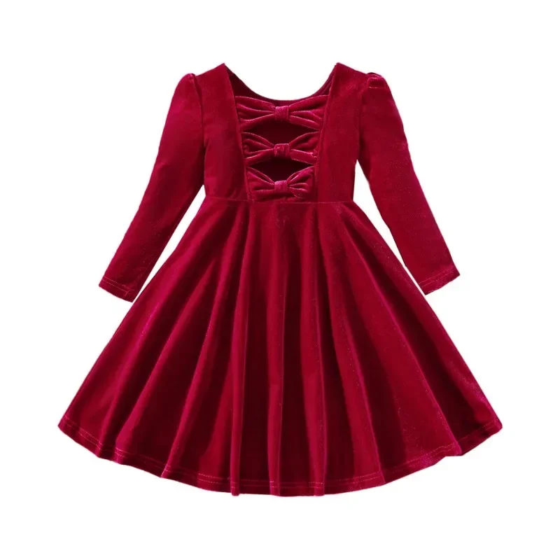Vestidos de manga larga para niñas, traje de fiesta de terciopelo de princesa, ropa de boda roja, lazo de moda, Otoño e Invierno - imagen 5