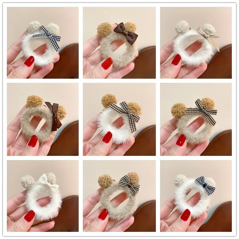 Diademas de Color café con leche, oso de peluche de peluche para niños, bandas de goma, bonito lazo de peluche Kawaii, accesorios para el cabello para niñas pequeñas - imagen 2