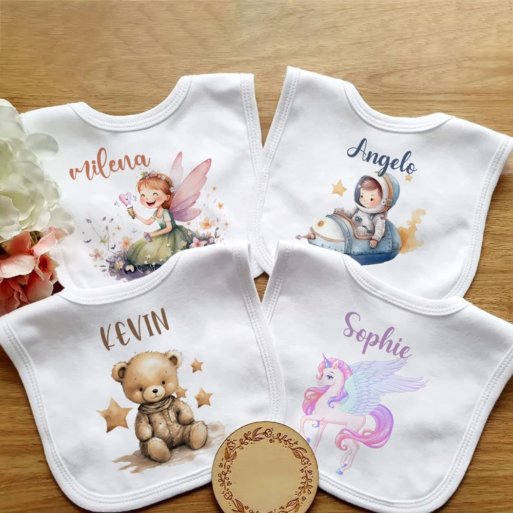 Baberos personalizados para bebé, babero de algodón con nombre personalizado para niño y niña, estampado de hadas de oso unicornio, toalla de Saliva para recién nacido, regalo de ducha de cumpleaños infantil