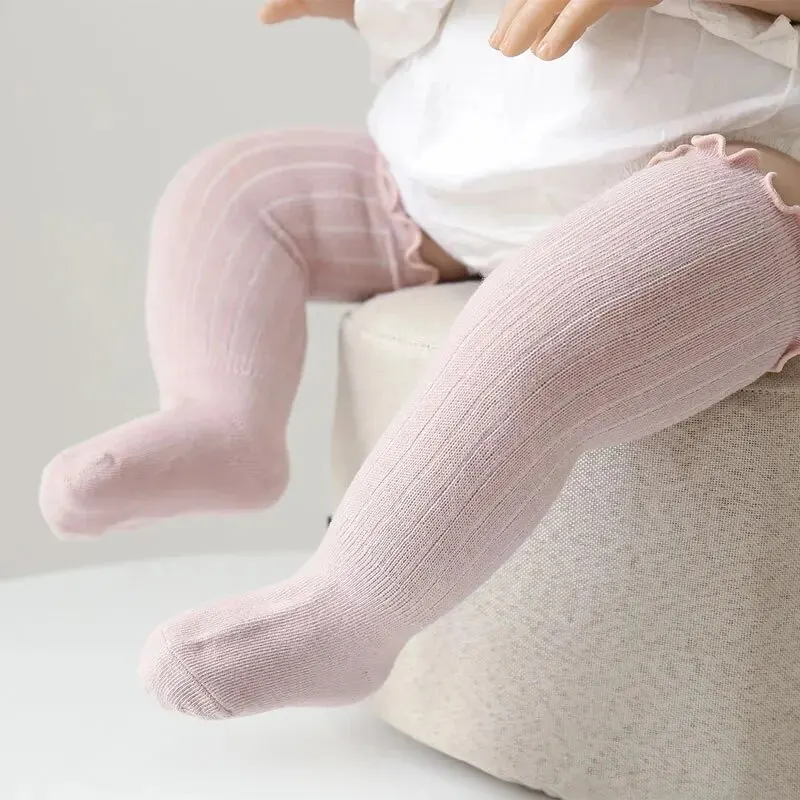 3 par/lote calcetines de encaje para niñas con volantes de algodón sólido largo hasta la rodilla calcetines para niños recién nacidos primavera niños volantes lindos Socken - imagen 5