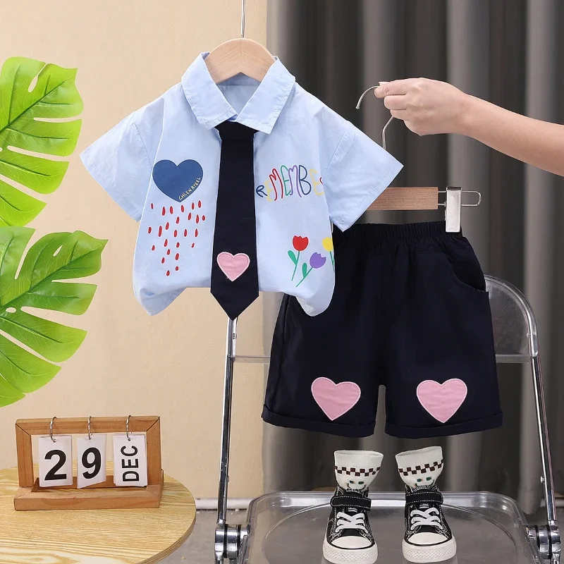 Nueva ropa de verano para bebés, traje para niños, camisa de manga corta, pantalones cortos, 2 unids/set, ropa para niñas, disfraz informal de algodón para niños pequeños - imagen 4
