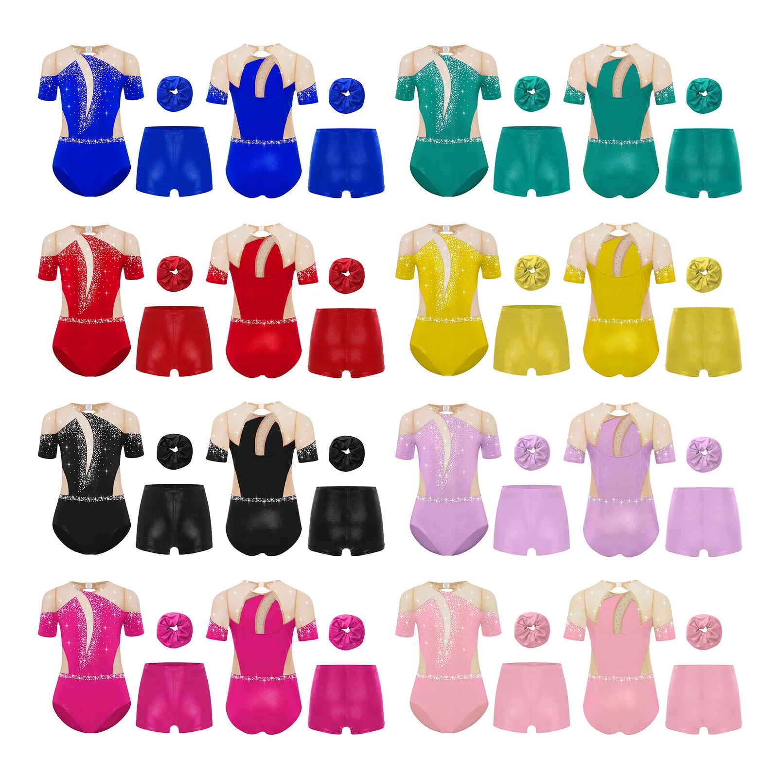 Conjuntos de Ballet para niñas, traje de baile para patinaje artístico y gimnasia, leotardo metálico con diamantes de imitación de malla transparente con pantalones cortos y diadema - imagen 2