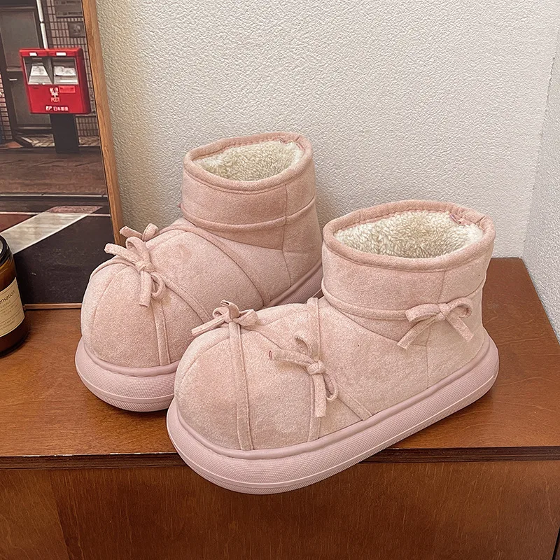 Botas de nieve de calle para Mujer, pajarita Vintage, zapatos cálidos y esponjosos de invierno, botines cortos de felpa suave con suela gruesa para Mujer - imagen 2