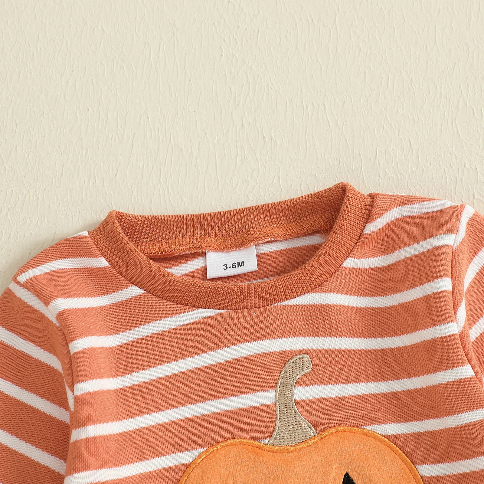 Conjuntos de Halloween para niños pequeños de 0 a 3 años, sudaderas con bordado de calabaza a rayas y pantalones largos, conjunto de ropa de otoño de 2 piezas - imagen 3