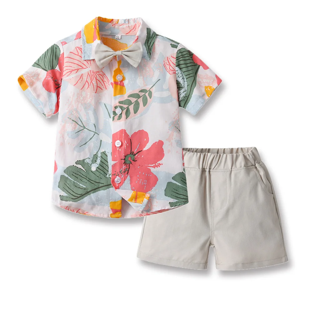 Conjunto de camisetas y pantalones cortos de flores para niño, ropa de verano de algodón para vacaciones, estilo de playa, camisas y pantalones cortos de flores de manga corta - imagen 4