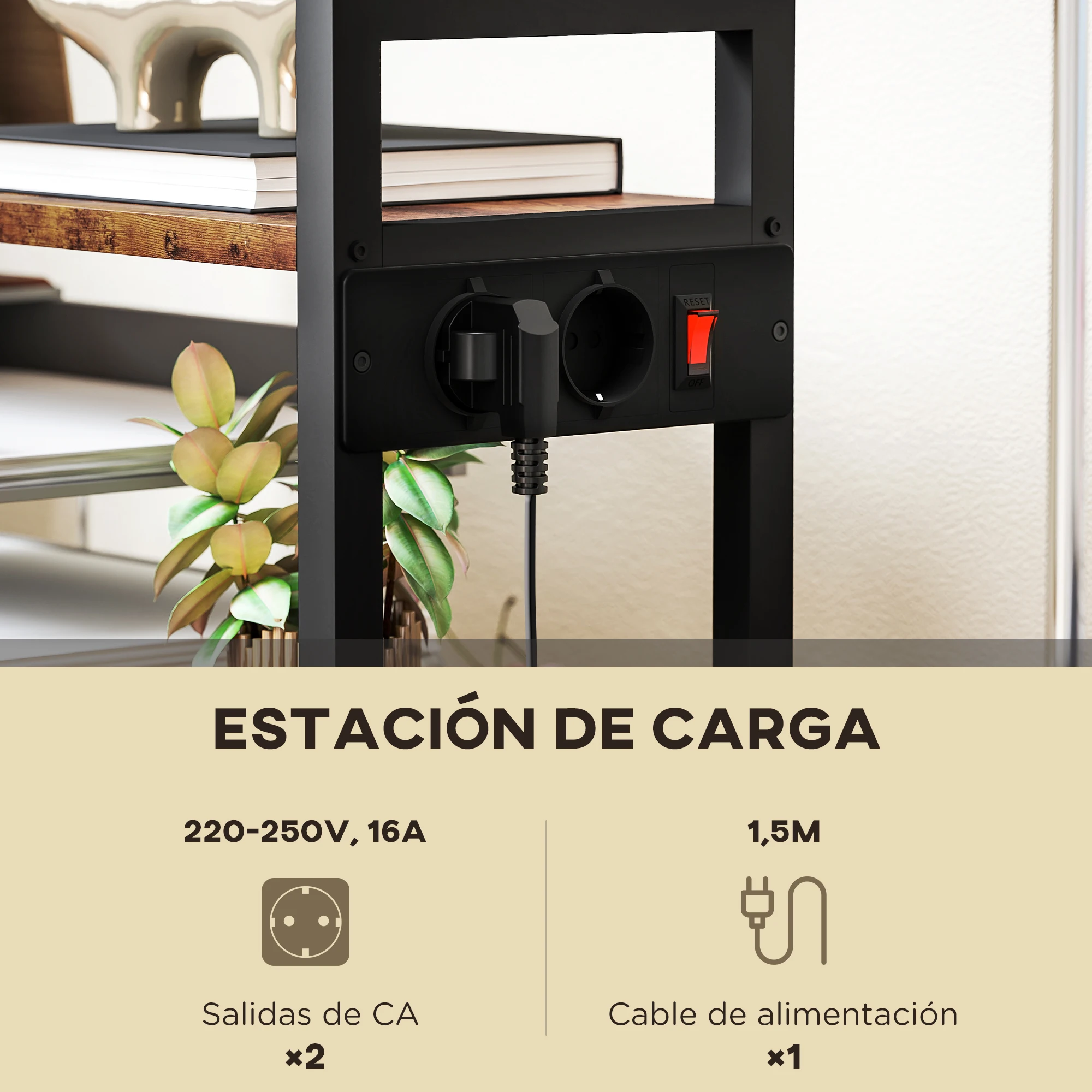 HOMCOM Soporte para Impresora con Estación de Carga Mueble para Impresora de 4 Niveles con Ruedas y Marco Metálico para Oficina Casa Escuela Marrón Rústico - imagen 4