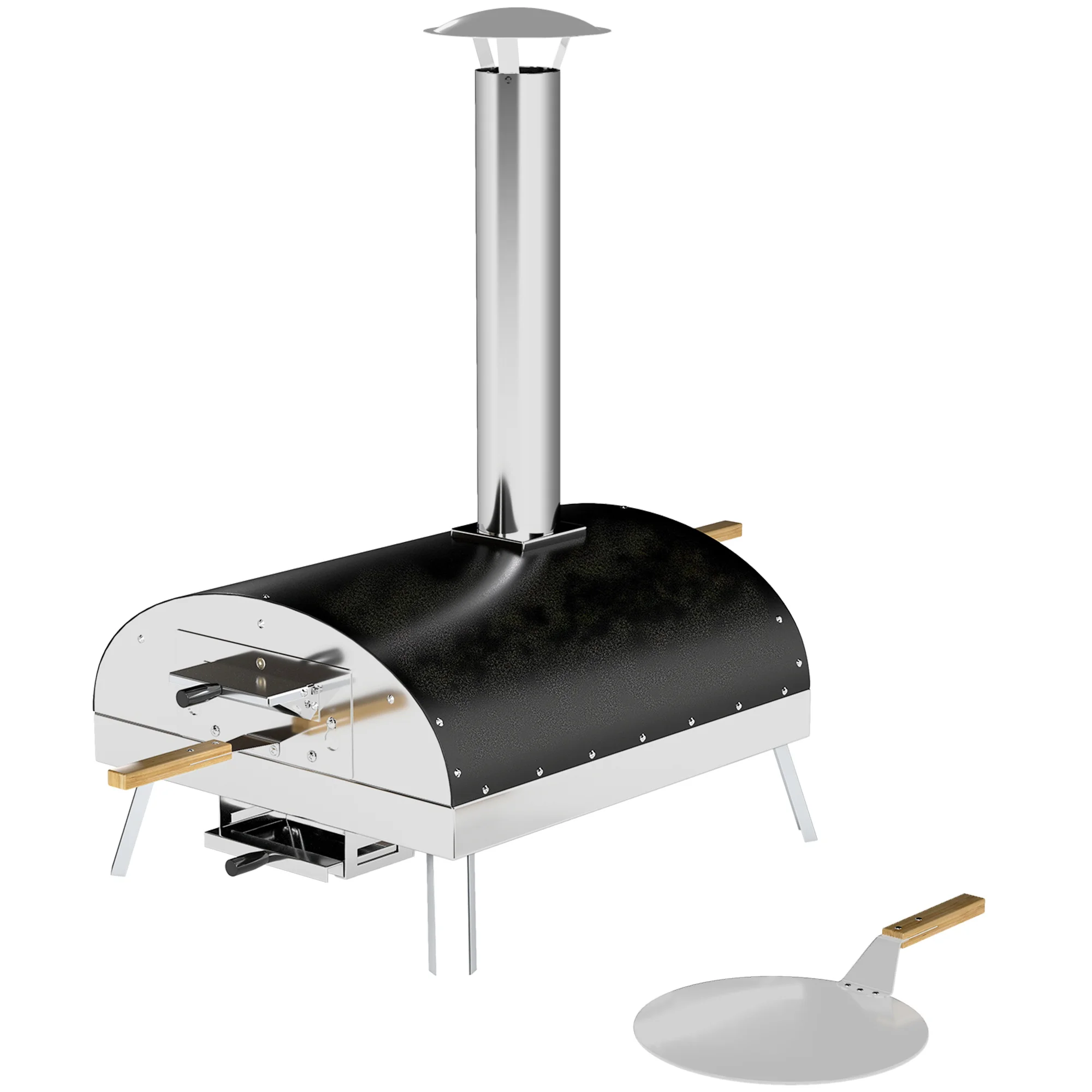 Outsunny Mini Horno de Pizza Exterior Portátil Horno de Leña con Piedra Refractaria Ø33 cm Pala Mangos de Madera Termómetro y Bandeja Giratoria para Jardín Terraza Camping Patio - imagen 2