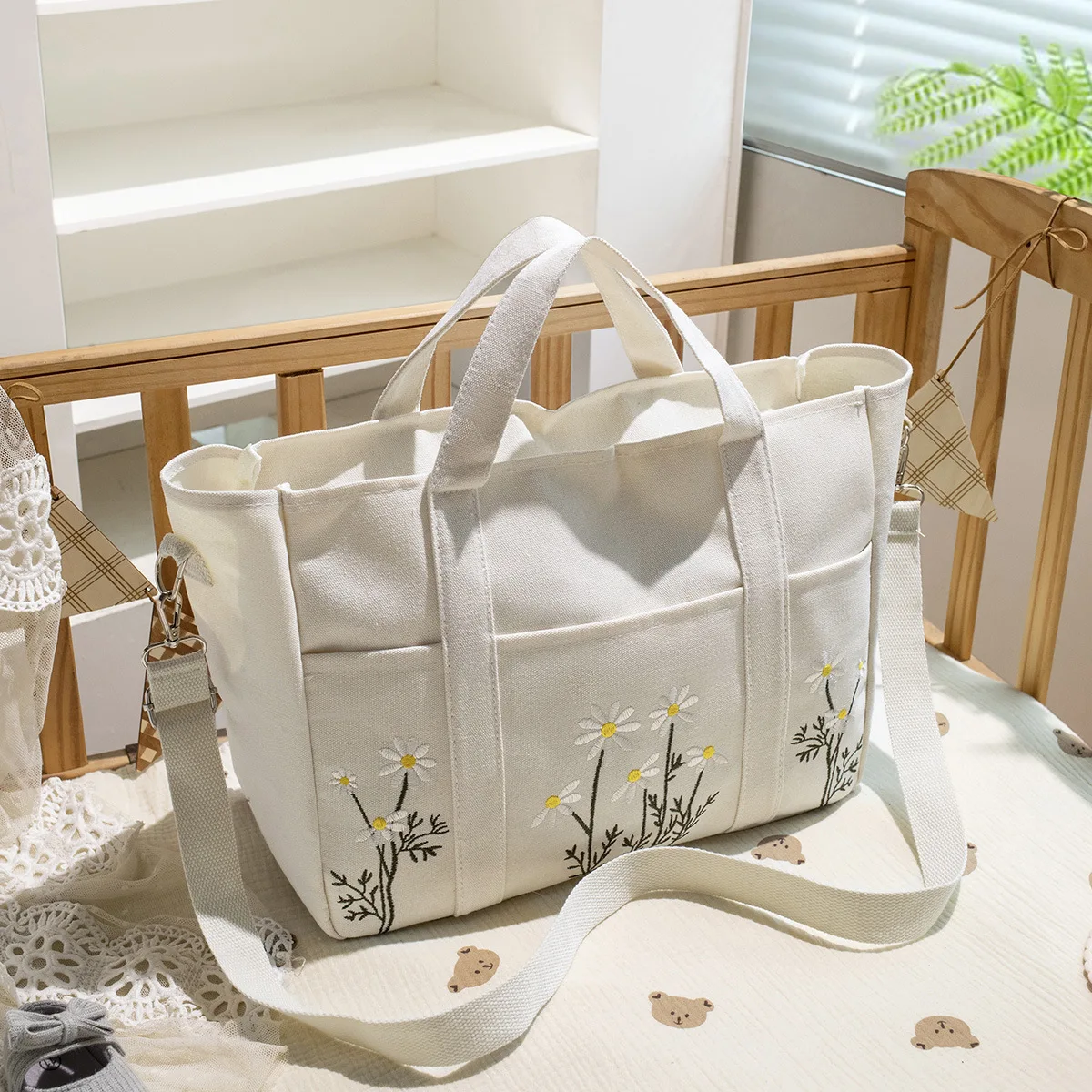Bolsa maternal de lona bordada con bolsillos - Portabebés