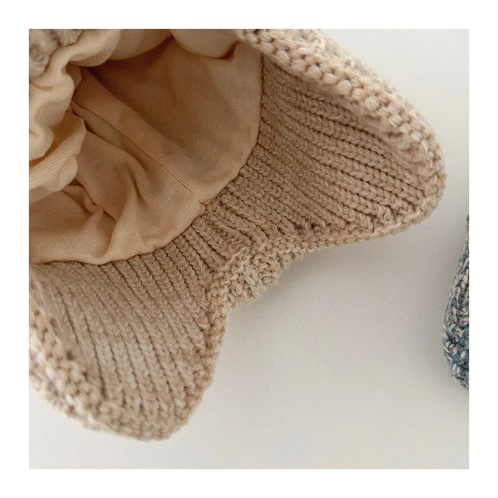 MILANCEL, nuevo gorro tejido de invierno para niños, gorro cálido acolchado de lana para niños, gorro con cabeza de oso de Color sólido, gorro grueso con protección para los oídos para niños - imagen 5