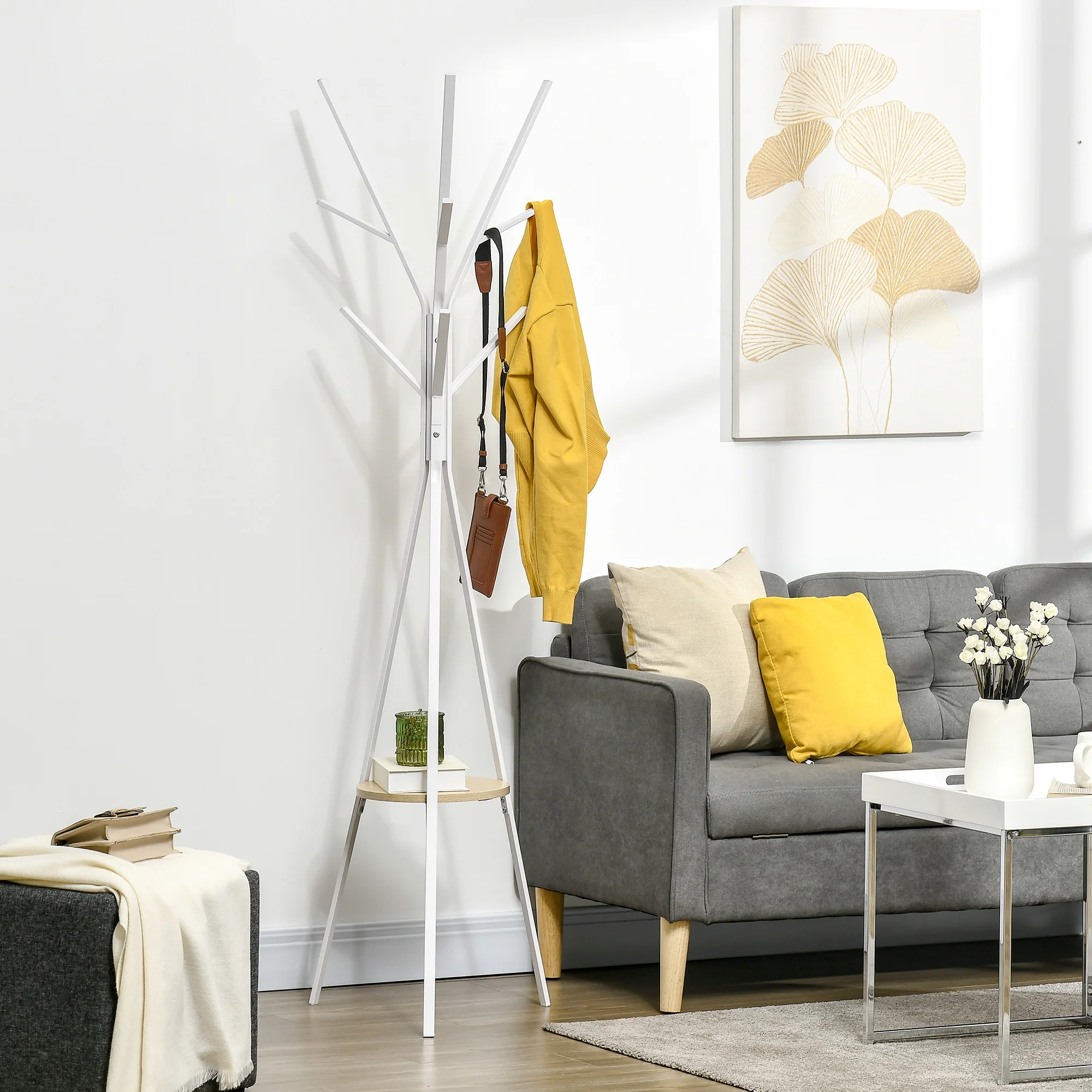 Perchero de Pie Metálico para Colgar Ropa Bolsas 9 Ganchos con Estante Forma de Árbol Perchero Vintage 45x45x180cm - imagen 2