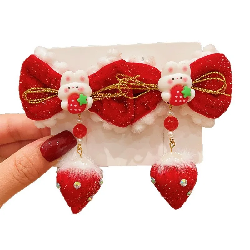 Pinzas para el cabello de Año Nuevo de estilo chino para niños: diseño de conejo de fresa roja, lindo festivo, perfecto para trajes Hanfu. - imagen 5