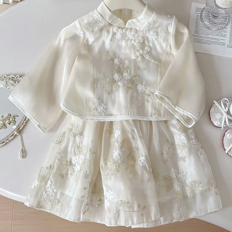 Ropa de verano de 2 piezas para niña, Tops de malla de manga larga con flores bonitas de estilo chino + falda, ropa de Boutique para niños, conjuntos para niños B071