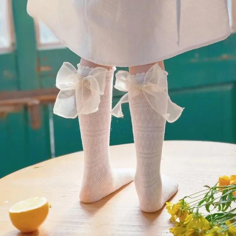 Calcetines de pantorrilla con lazo ultrafino de verano para niños y niñas, calcetines escolares de algodón suave con lazo de moda coreana Jacquard para niños