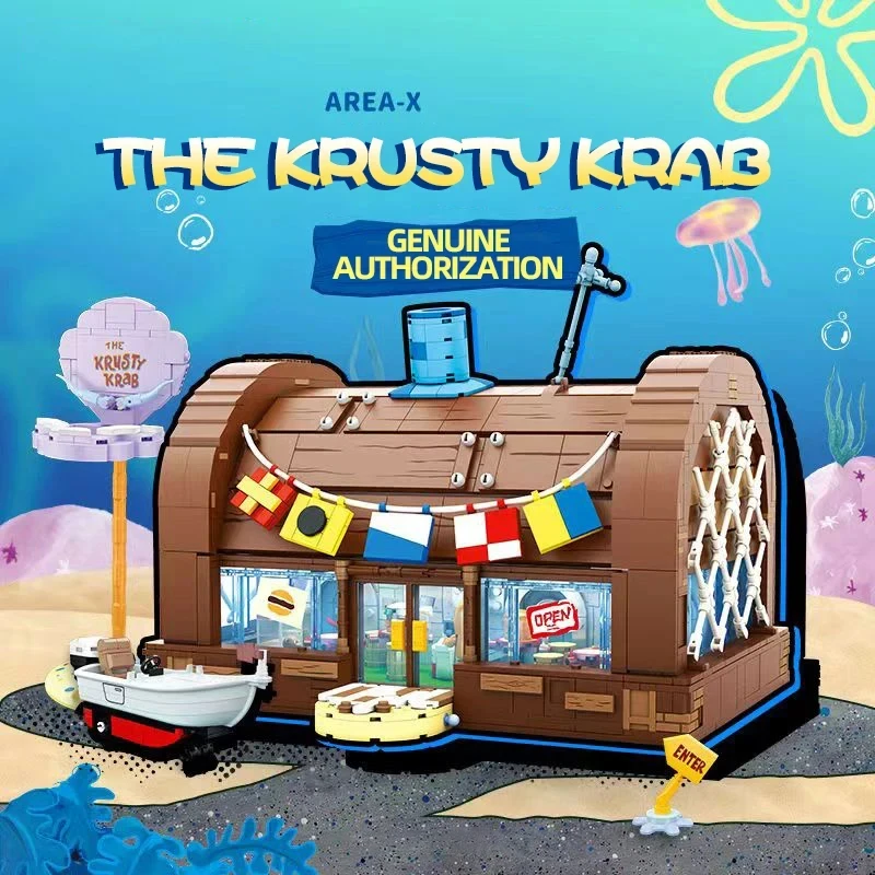 Bloques de construcción de restaurante Krusty Krab de dibujos animados de Bob Esponja, escenas creativas de cantina, modelo de ladrillos, adornos de escritorio, juguete para regalo de chico - imagen 2