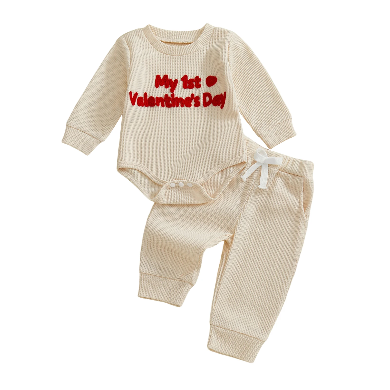 SUNSIOM Conjunto de pantalones con cordón y mameluco bordado con letras y cuello redondo de manga larga para el día de San Valentín para bebés - imagen 3