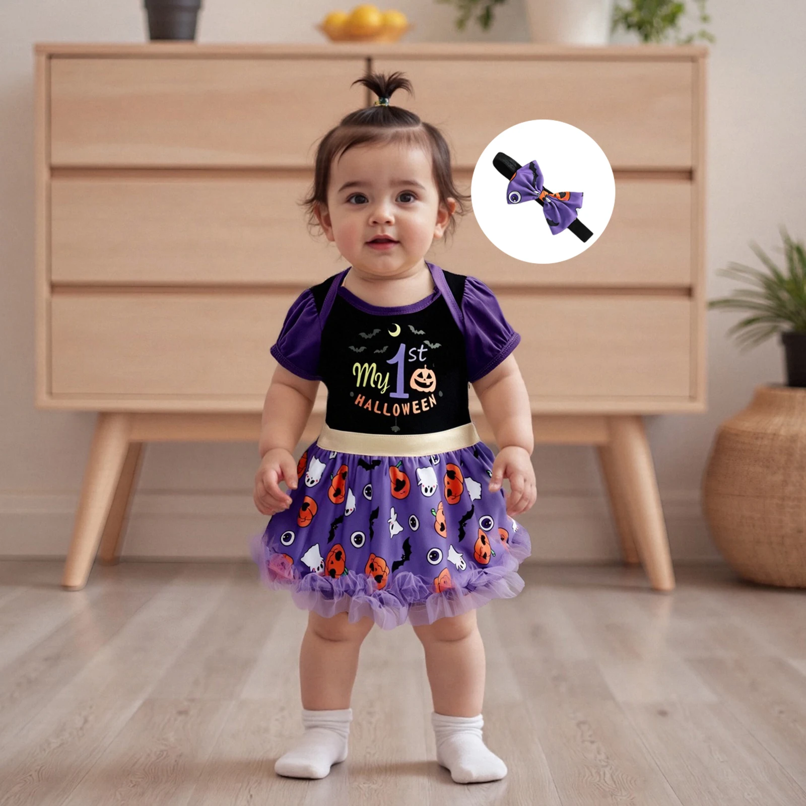 SUNSIOM Traje para niña recién nacida, vestido mameluco con estampado de fantasma de calabaza y letras de manga corta con diadema, ropa de Halloween - imagen 2