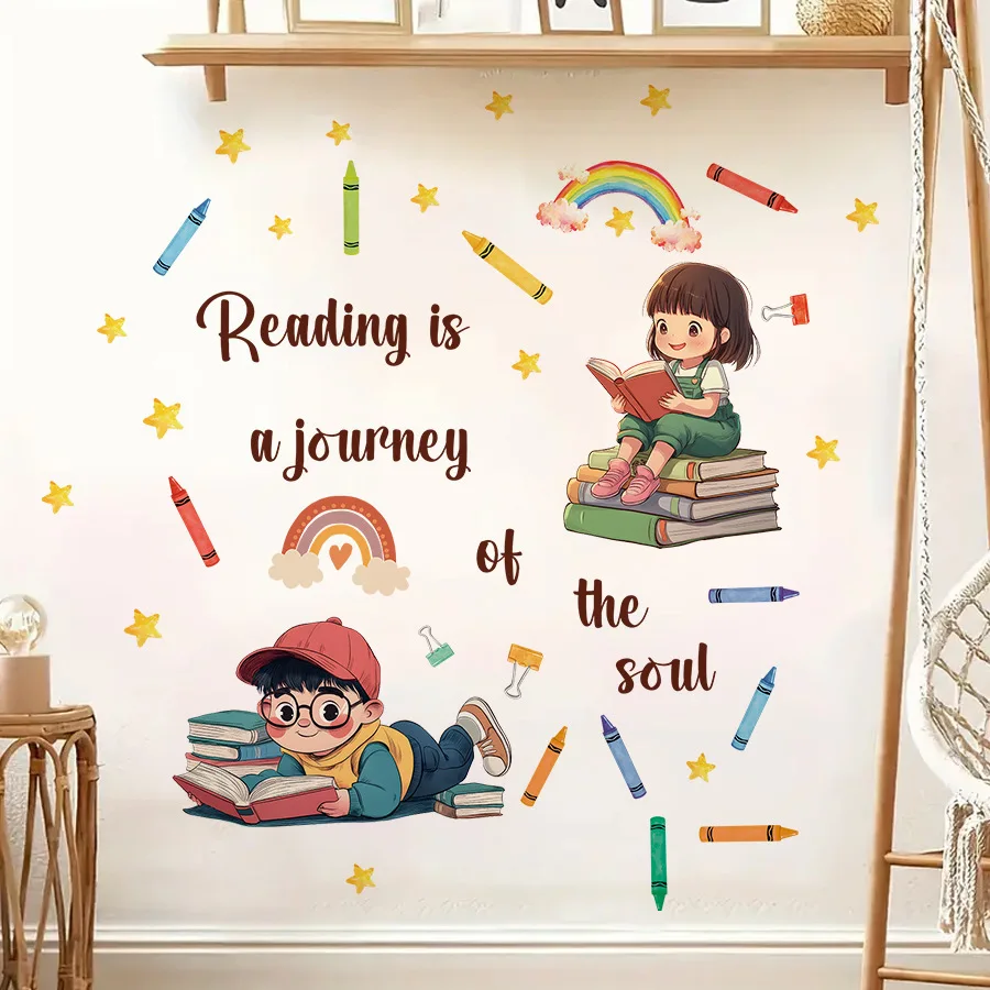 Pegatinas de pared autoadhesivas de lectura para niños, puertas de dormitorio, pegatinas de decoración para habitación de niños, bolígrafos de acuarela de Luna - imagen 4