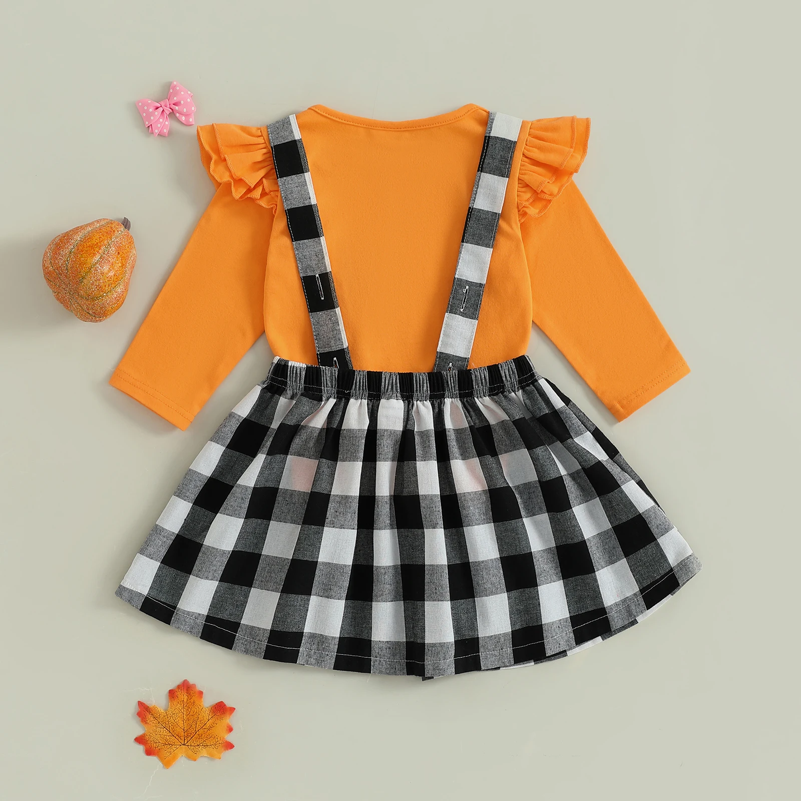 Conjunto de falda para niñas pequeñas, Tops de manga larga de Color sólido y falda general con tirantes a cuadros con patrón de fantasma, traje de Halloween de 2 uds. - imagen 2