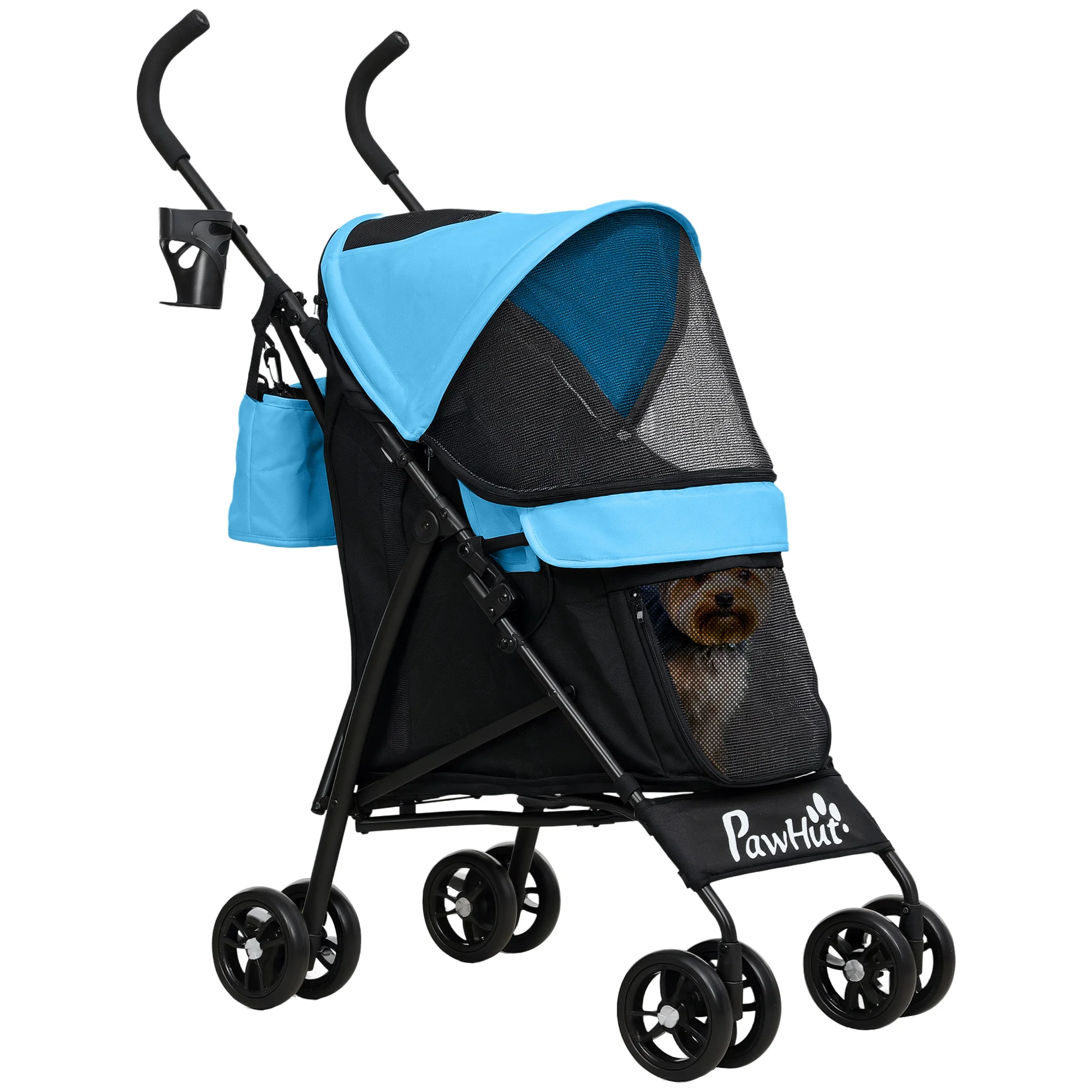 PawHut Cochecito para Perros Pequeños con Estructura de Paraguas Carrito para Perros Plegable con Cojín Lavable Portavaso Ventanas de Malla y Bolsa de Almacenamiento Azul - imagen 2