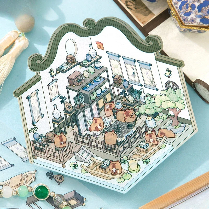 Pegatinas 3D paisajismo estilo chino escena de cabina dibujos animados - imagen 4