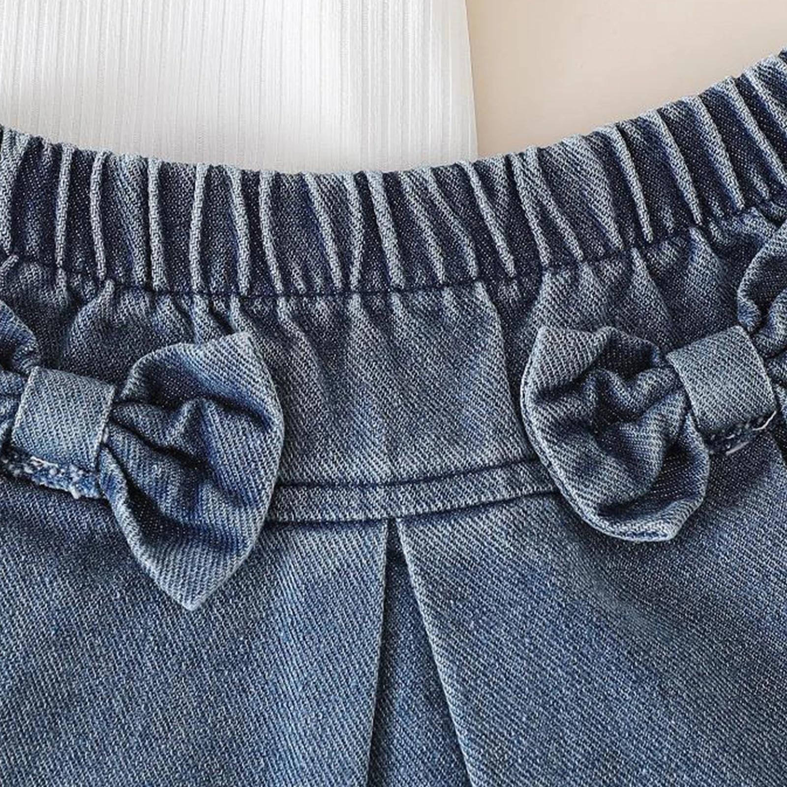 SUNSIOM-Conjunto de verano para niña, camiseta de manga corta con volantes de Color sólido y falda vaquera con lazo, conjunto con diadema, ropa informal bonita - imagen 5