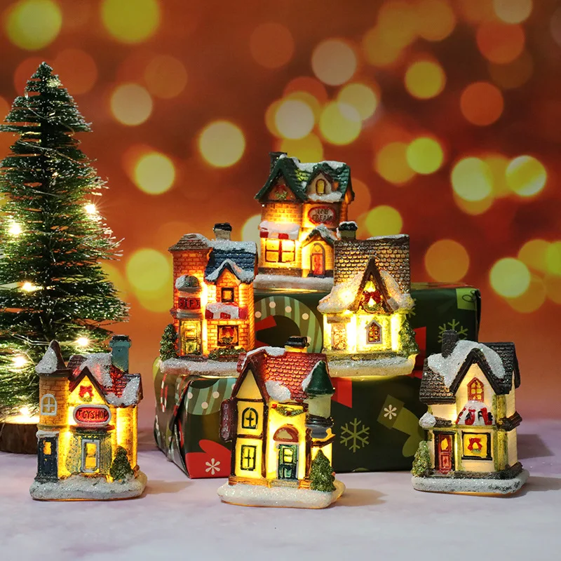 Casa de decoración navideña con luz LED, adornos de Navidad, Mini Casa de resina pequeña, edificio de pueblo en miniatura para el hogar, regalos para niños