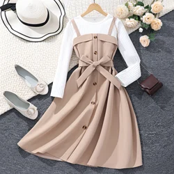 Vestido largo infantil otoño invierno khaki con cinturón