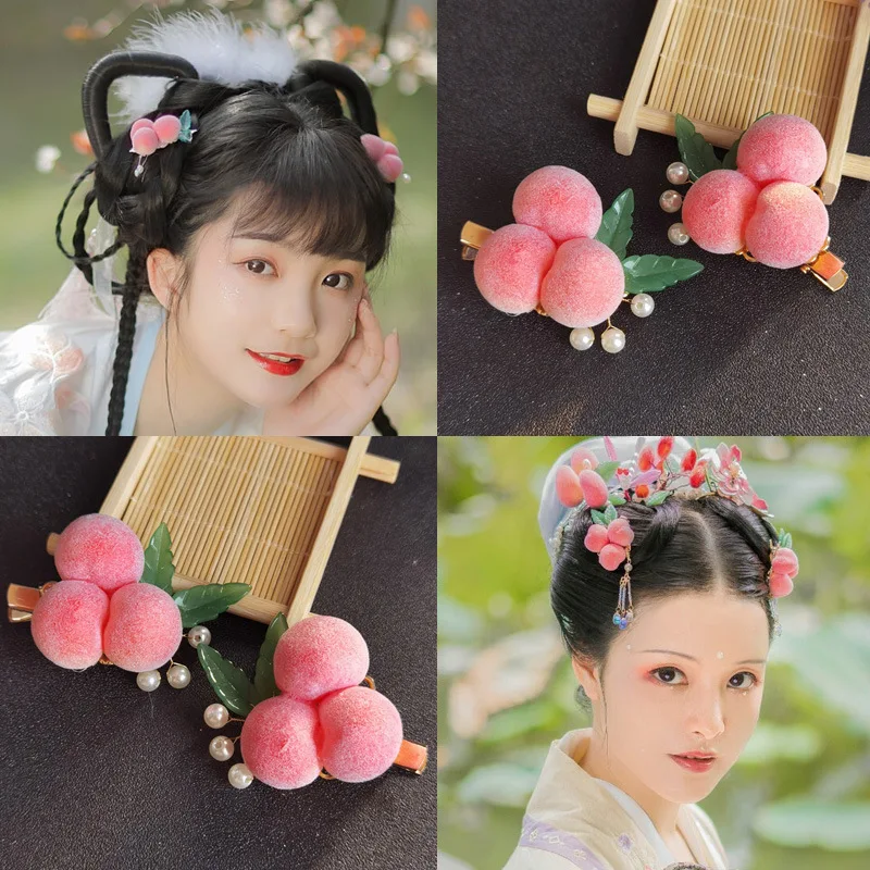 ¡Pinzas para el cabello de melocotón Hanfu chino para niños! Suave terciopelo melocotón y hojas verdes, perfecto para disfraces antiguos, lindos accesorios elegantes.