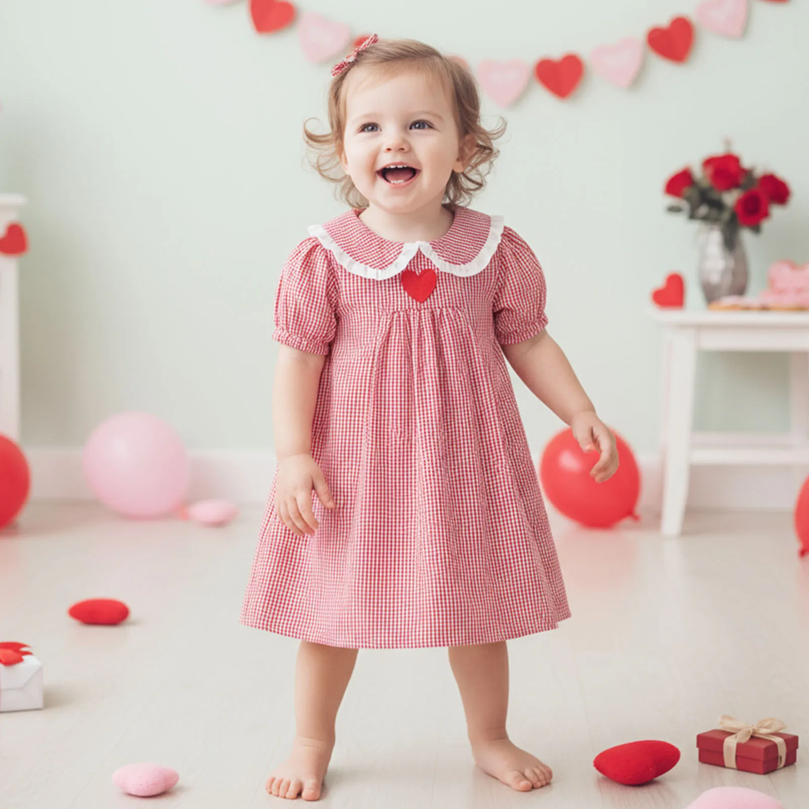 Vestido de San Valentín para niñas pequeñas, vestido holgado de manga corta con cuello de muñeca a cuadros y bordado de corazón de amor - imagen 5