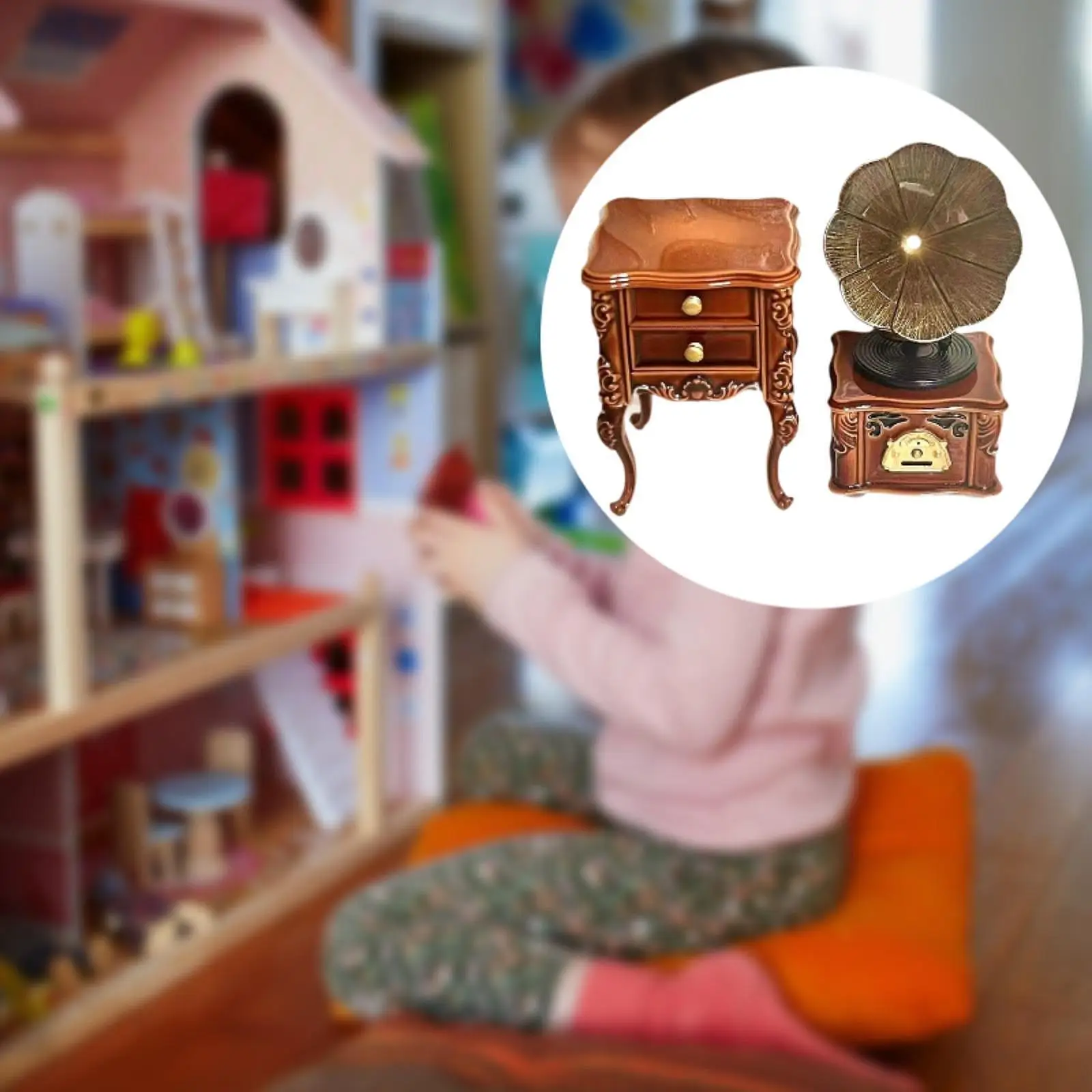 Gramófono en miniatura escala 1:12 con gabinete retro para decoración de micropaisaje