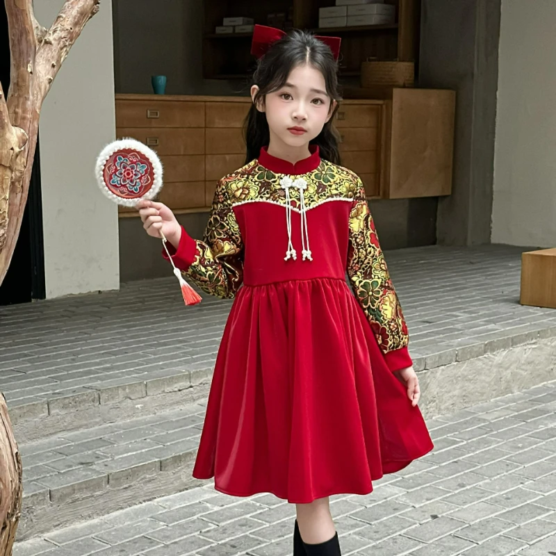 Vestido de Año Nuevo Qipao para niña, vestido con forro polar de otoño e invierno, nuevo vestido rojo de estilo chino para niños, lindo vestido de princesa - imagen 4