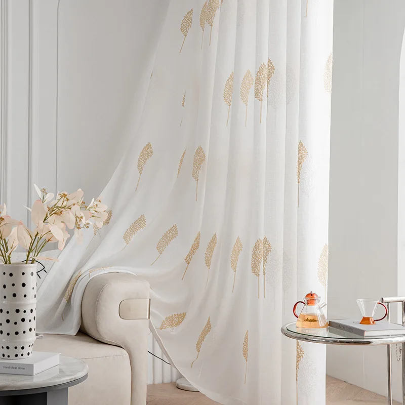 1 unidad de cortinas de hilo de tul transparente Guaze para puerta bordada para dormitorio, cortina de planta de hoja Simple americana para ventana de sala de estar