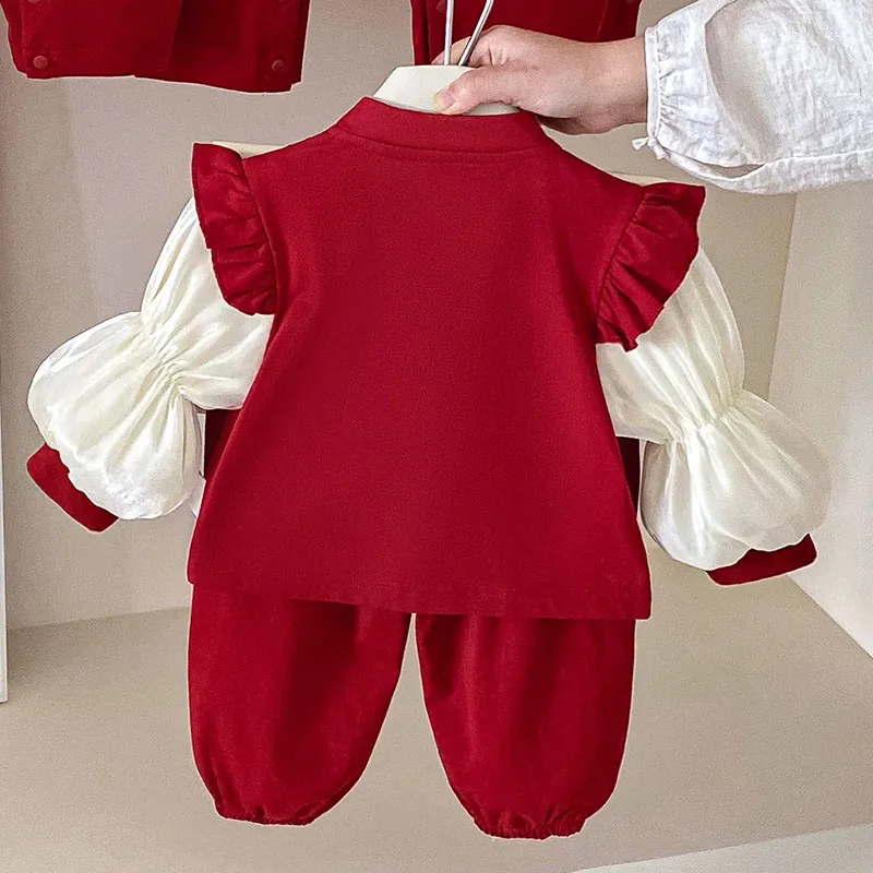 Conjunto primavera bebé niña estilo chino bordado Año Nuevo rojo - imagen 2