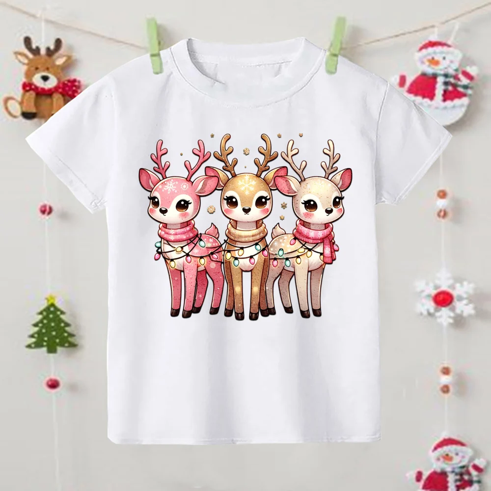 Camiseta navideña a la moda para niños, camiseta con estampado de Papá Noel/árbol/muñeco de nieve/alce con cuello redondo, ropa para niños y niñas - imagen 3