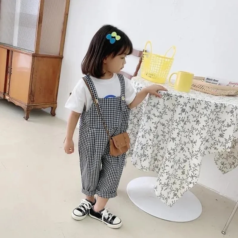 Pantalones a cuadros blancos y negros para niñas, monos para niños, novedad de verano, ropa para niños, peleles informales coreanos para niñas, pantalones finos para bebés - imagen 5
