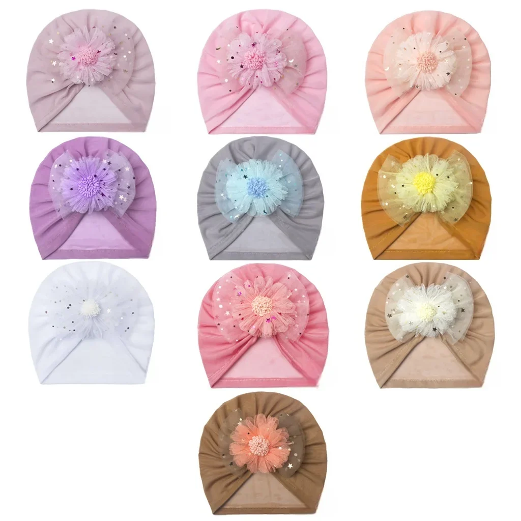 Gorro turbante de bebé neonatal con flores 3D de malla brillante - imagen 3